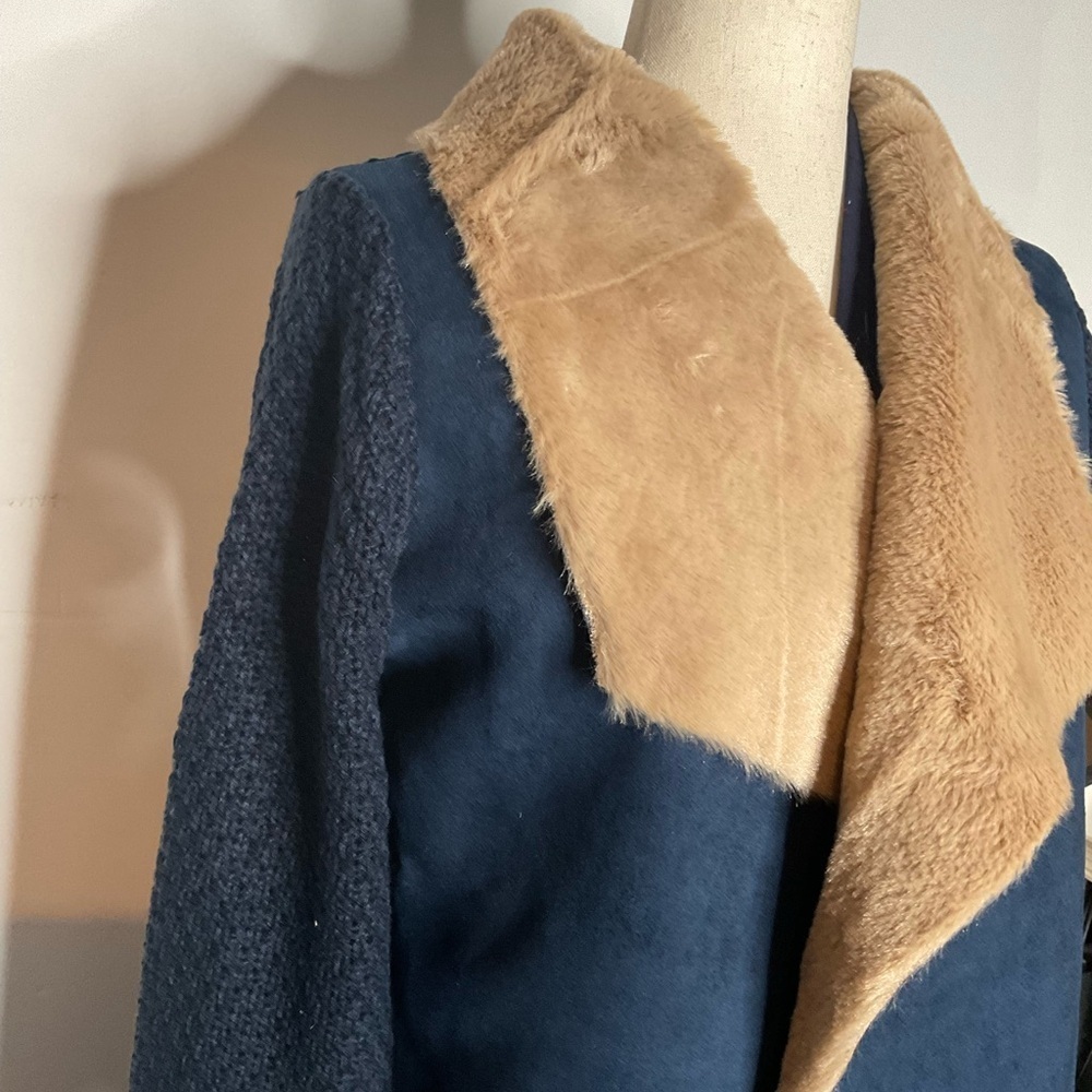 Lovestitch Navy Blue Vegan Leather Fur Shawl Collar Knit Jacket Size Medium